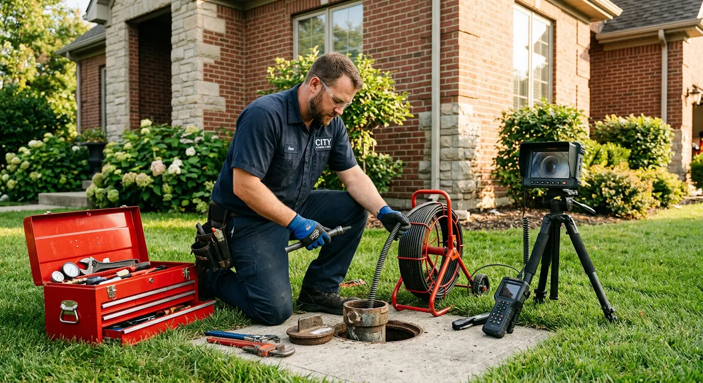 Sewer specialist with camera equipment servicing a cleanout in Springdale