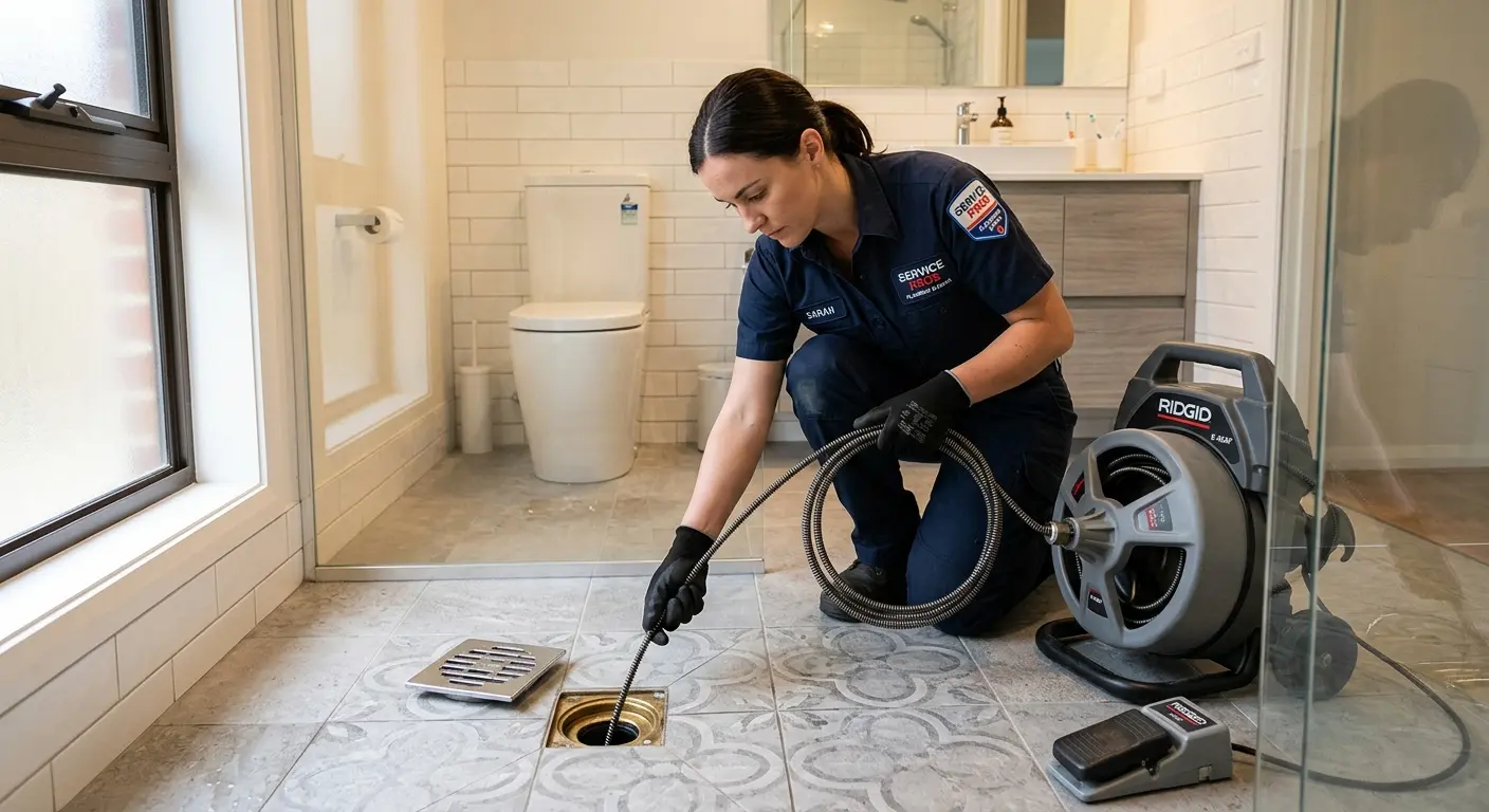 Technician clearing a bathroom floor drain for Hydro Jetting in Springdale